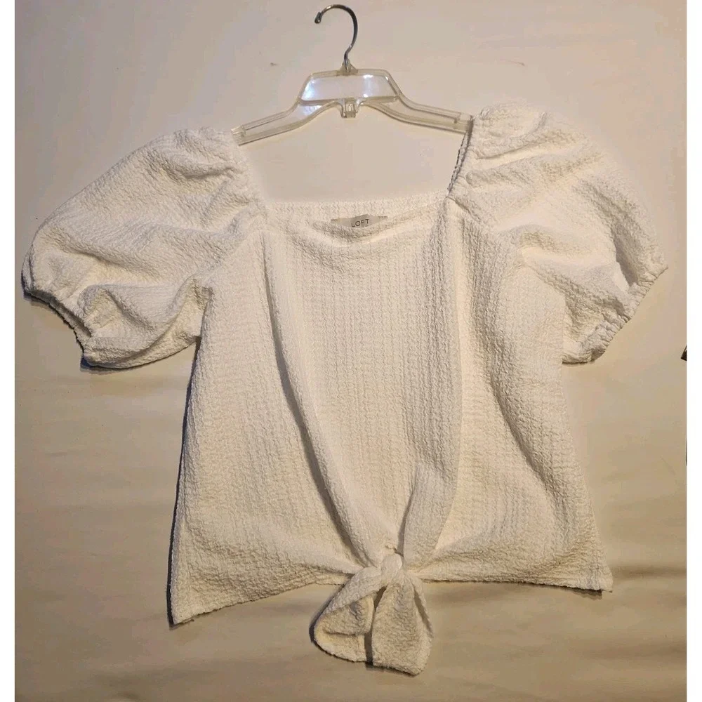LOFT Women's Square Neck Tie Front White Puff Sleeve Top Size M